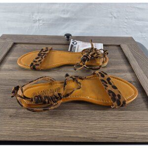 Sandalup Women's Tan Black Leopard Print Ankle Wrap Flatt Sandals Size 10